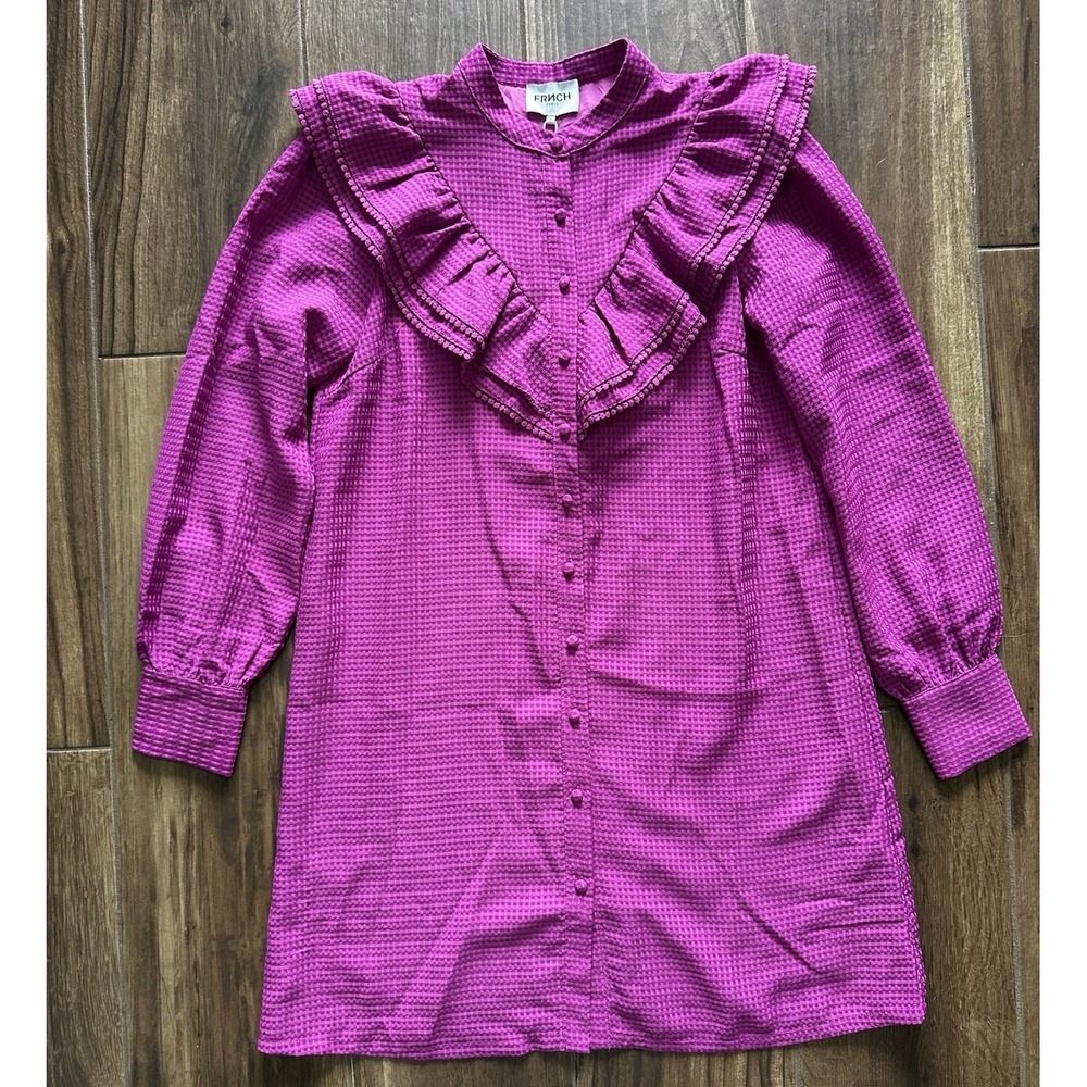 French Paris Pink Ruffle Top Dress Magenta Button Front Mini Small NEW
